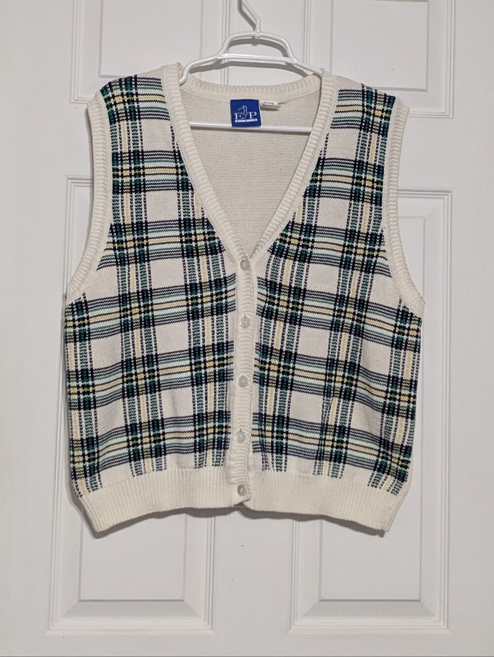 Vintage EP Pro Plaid Sweater Vest Cardigan - Cream Blue Green XL
